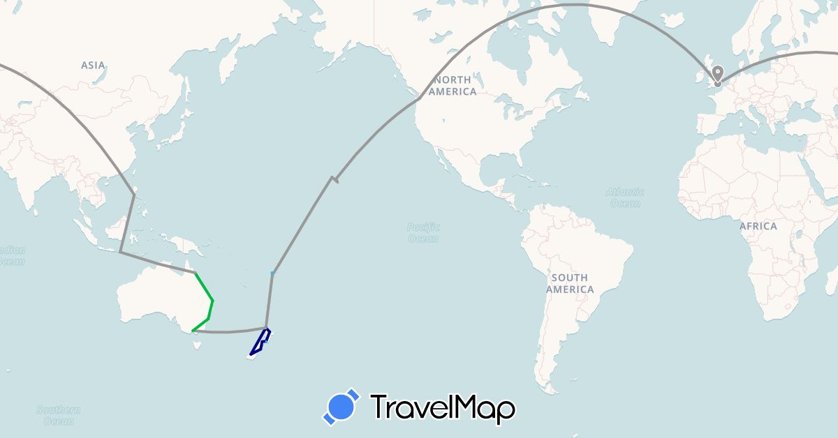 TravelMap itinerary: driving, bus, plane, boat in Australia, Fiji, United Kingdom, Indonesia, New Zealand, Philippines, United States (Asia, Europe, North America, Oceania)